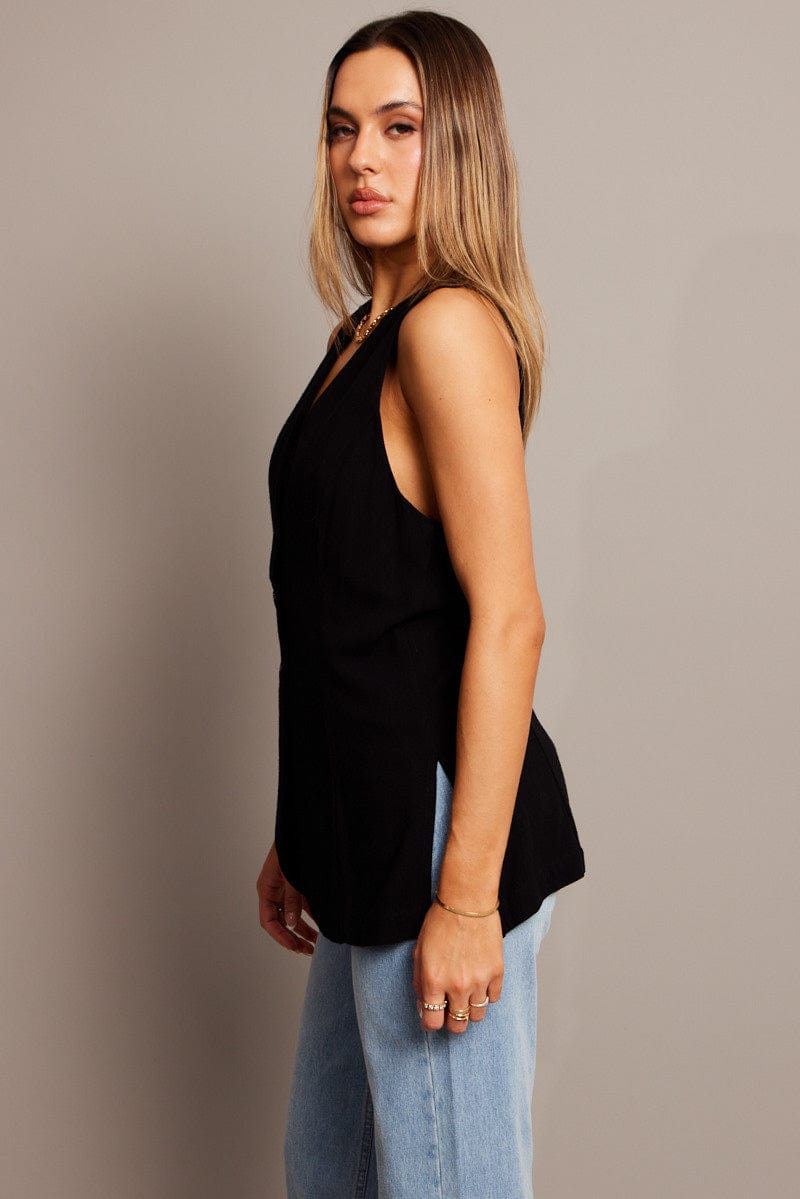 Black Linen Vest Longline V neck for Ally Fashion