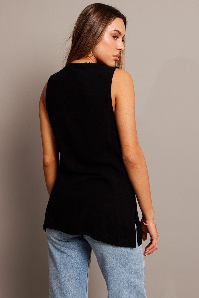 Black Linen Vest Longline V neck for Ally Fashion