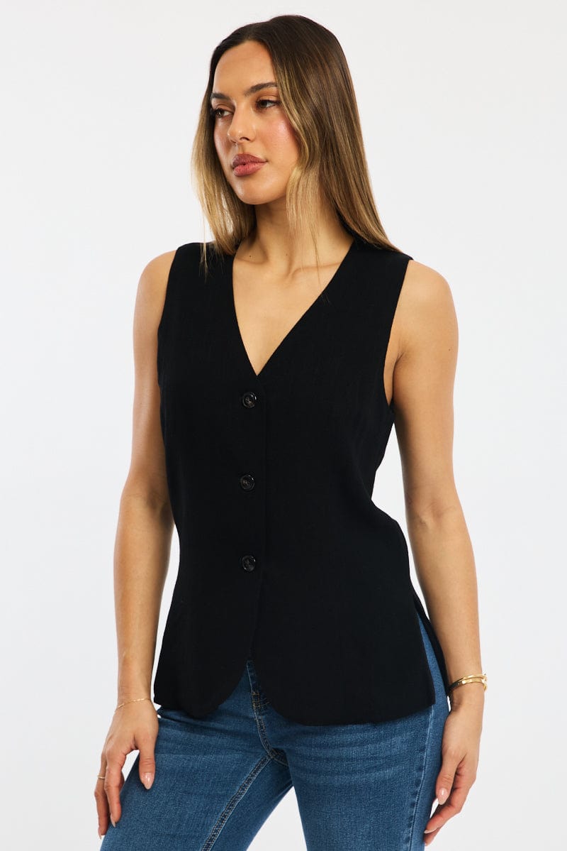 Black Linen Vest Longline V-neck for Ally Fashion