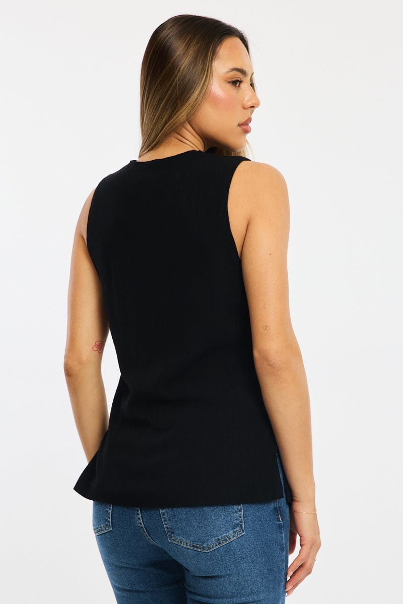 Black Linen Vest Longline V-neck for Ally Fashion