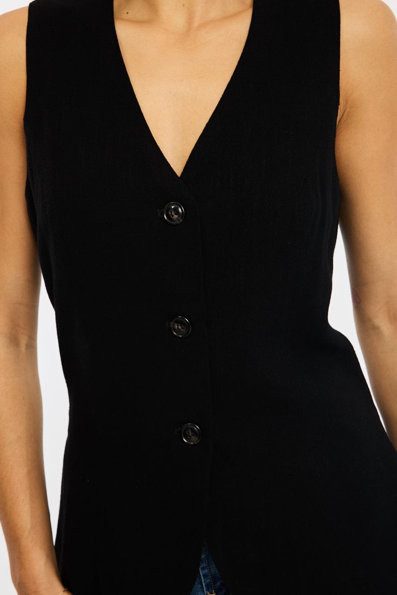 Black Linen Vest Longline V-neck for Ally Fashion