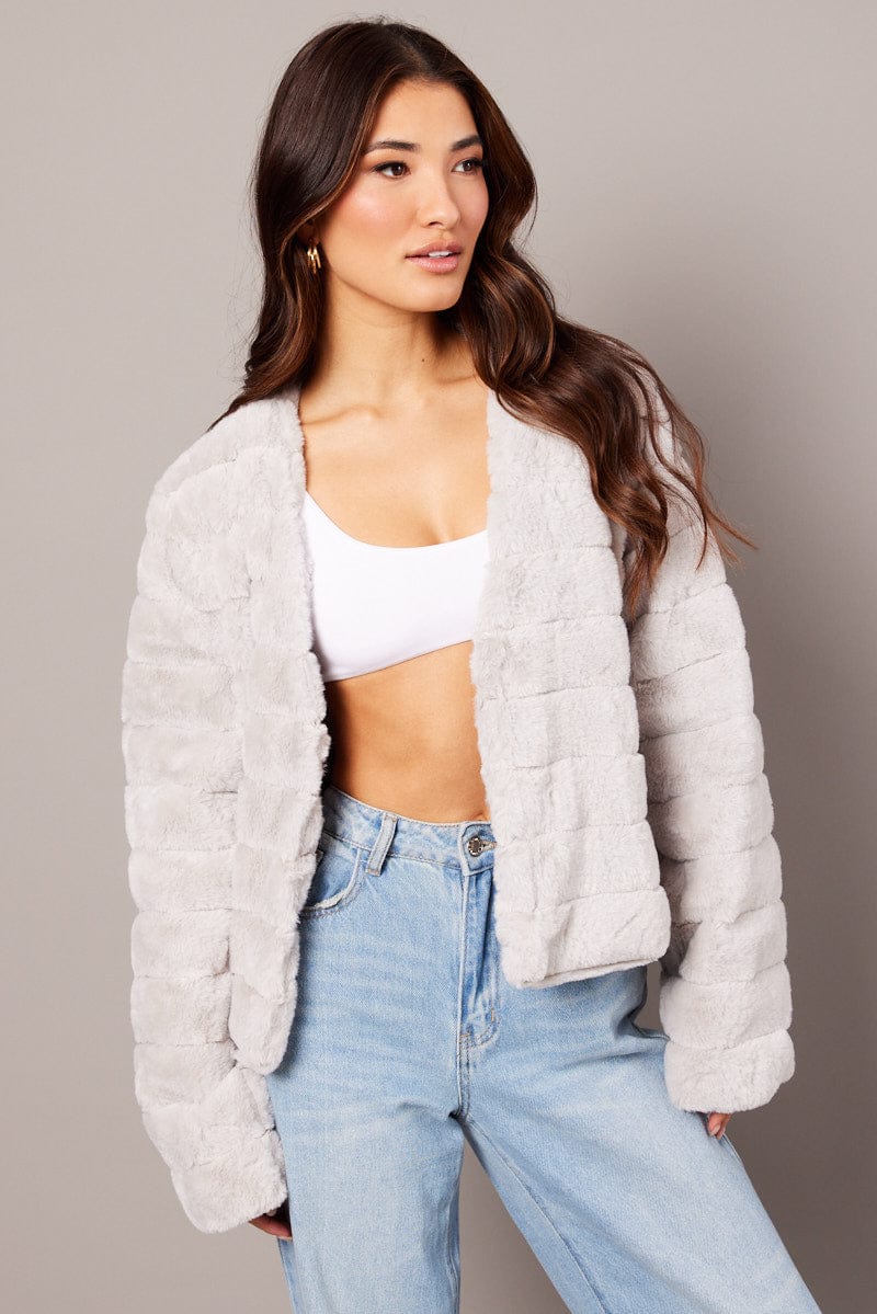 Grey Faux Fur Crop Jacket for Ally Fashion