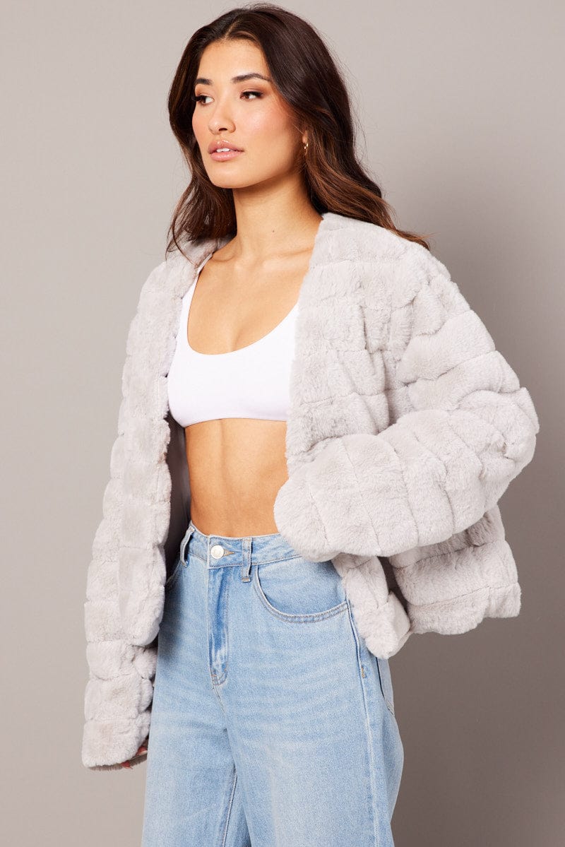 Grey Faux Fur Crop Jacket for Ally Fashion