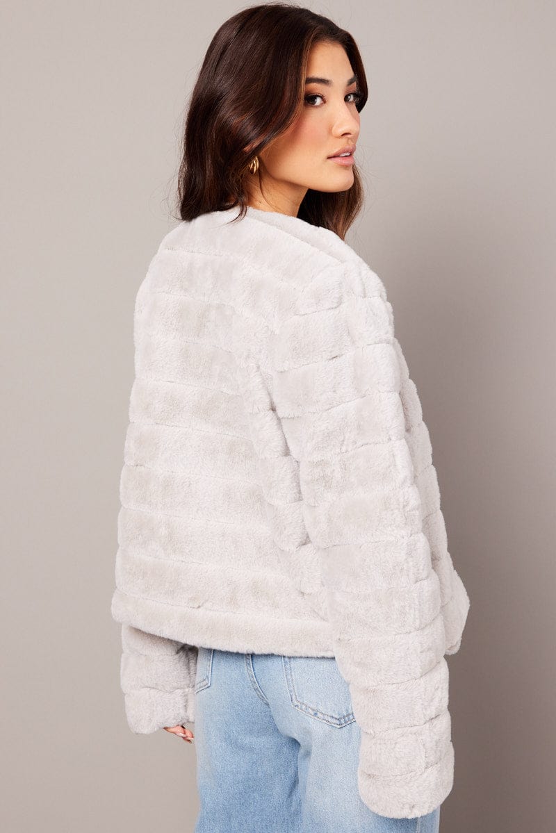 Grey Faux Fur Crop Jacket for Ally Fashion
