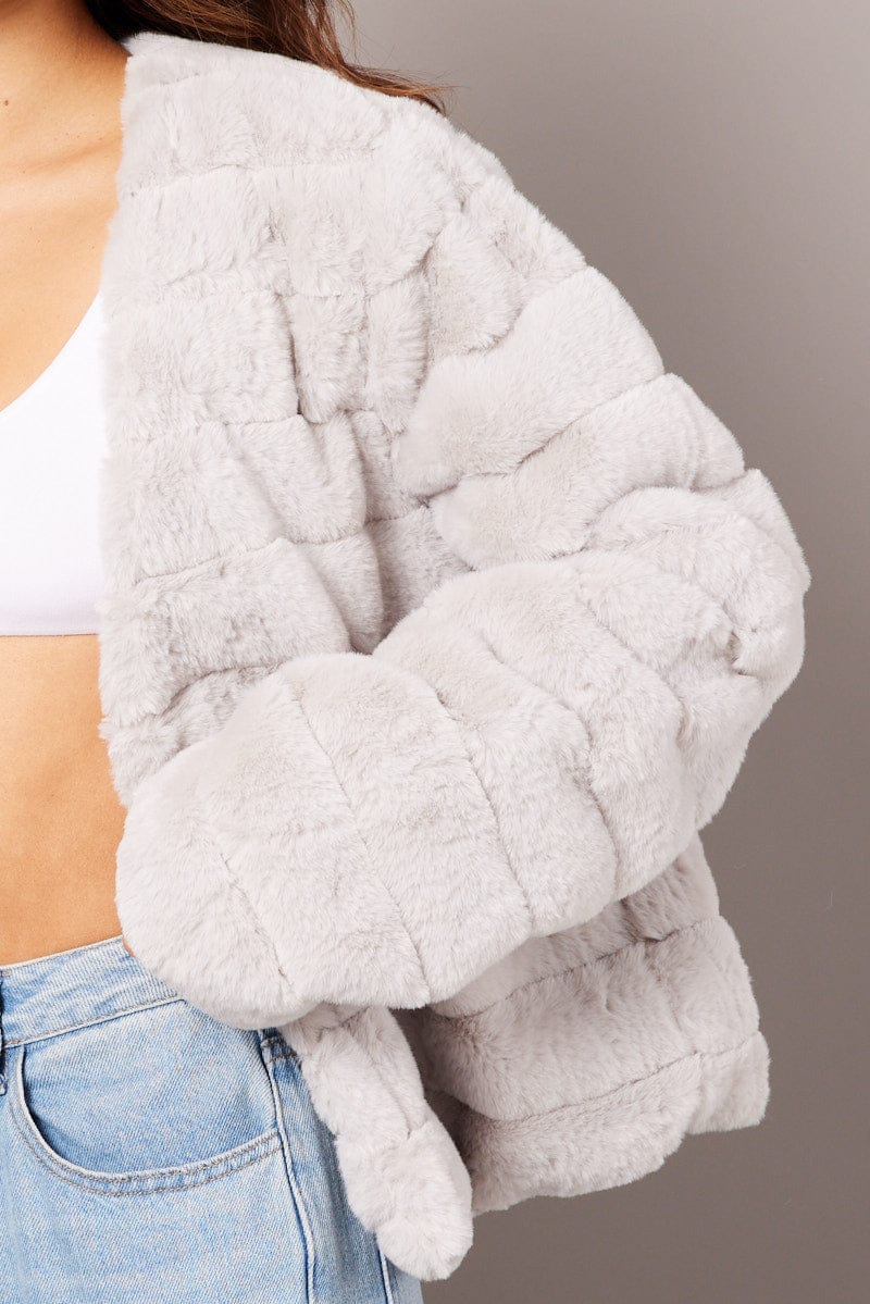 Grey Faux Fur Crop Jacket for Ally Fashion