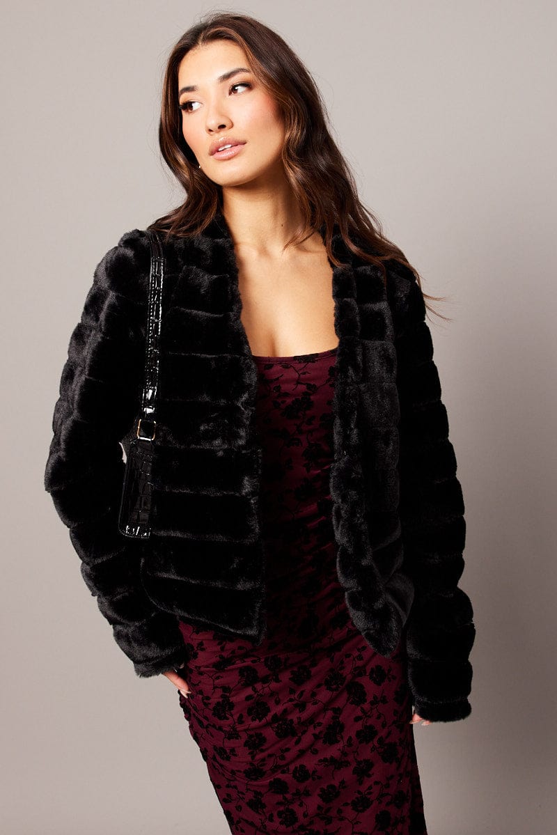 Black Faux Fur Crop Jacket for Ally Fashion