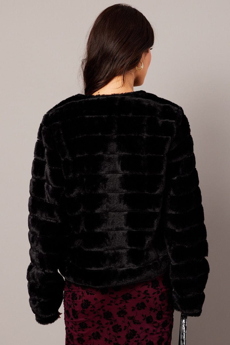 Black Faux Fur Crop Jacket for Ally Fashion