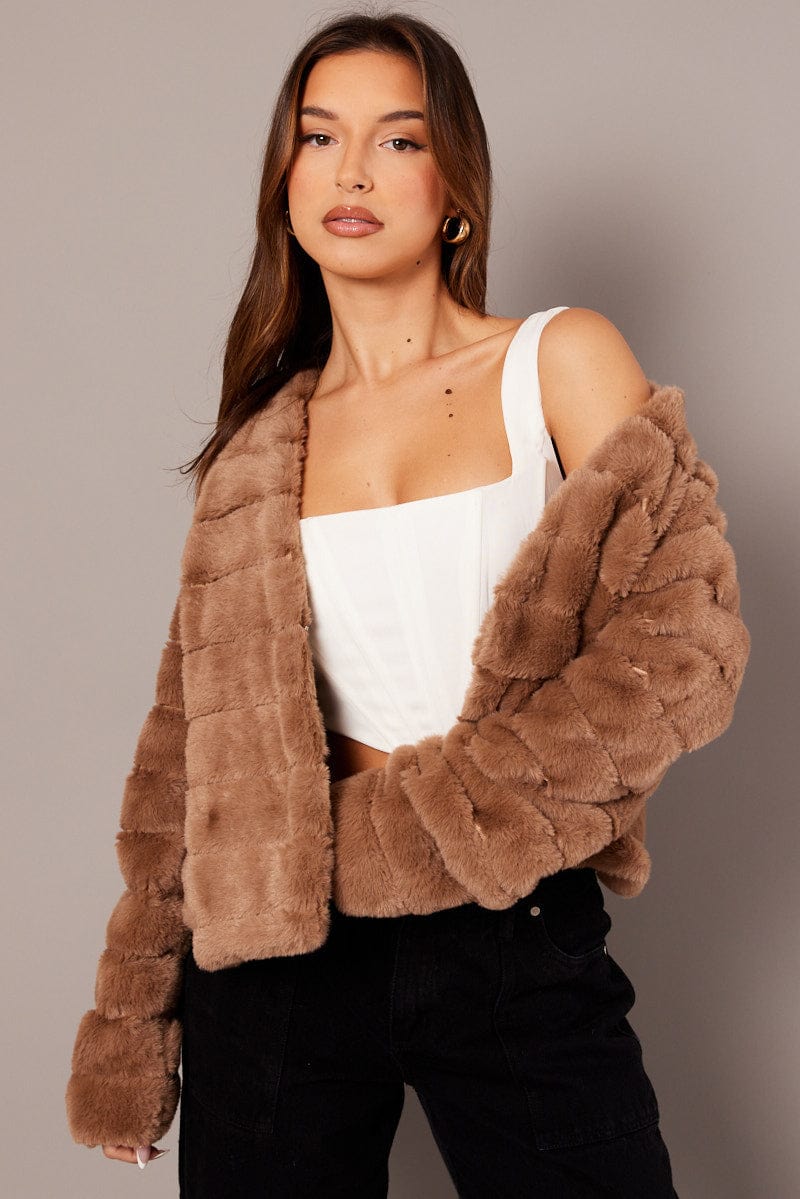 Beige Faux Fur Crop Jacket for Ally Fashion