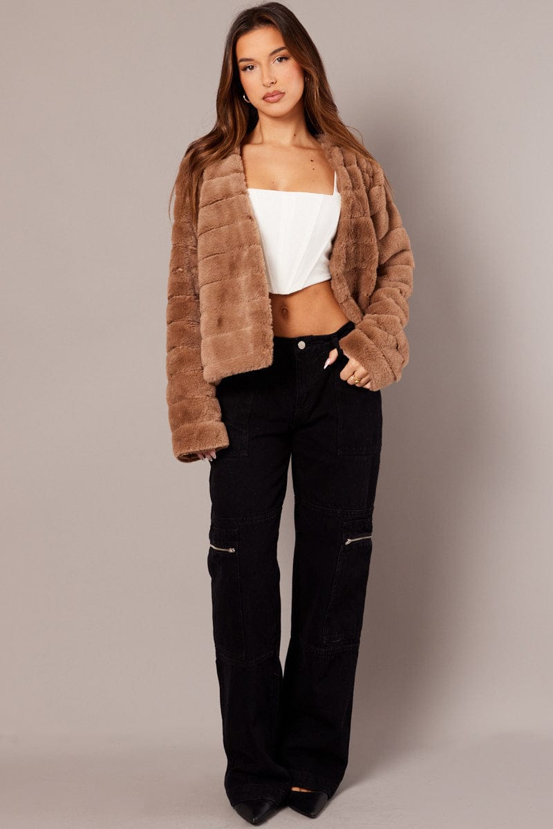 Beige Faux Fur Crop Jacket for Ally Fashion