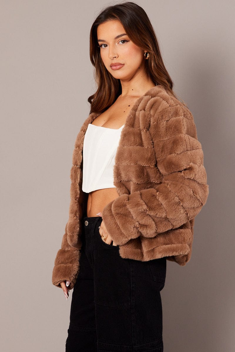 Beige Faux Fur Crop Jacket for Ally Fashion