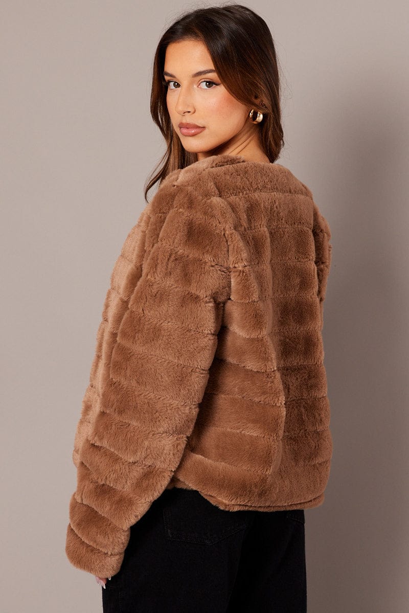 Beige Faux Fur Crop Jacket for Ally Fashion