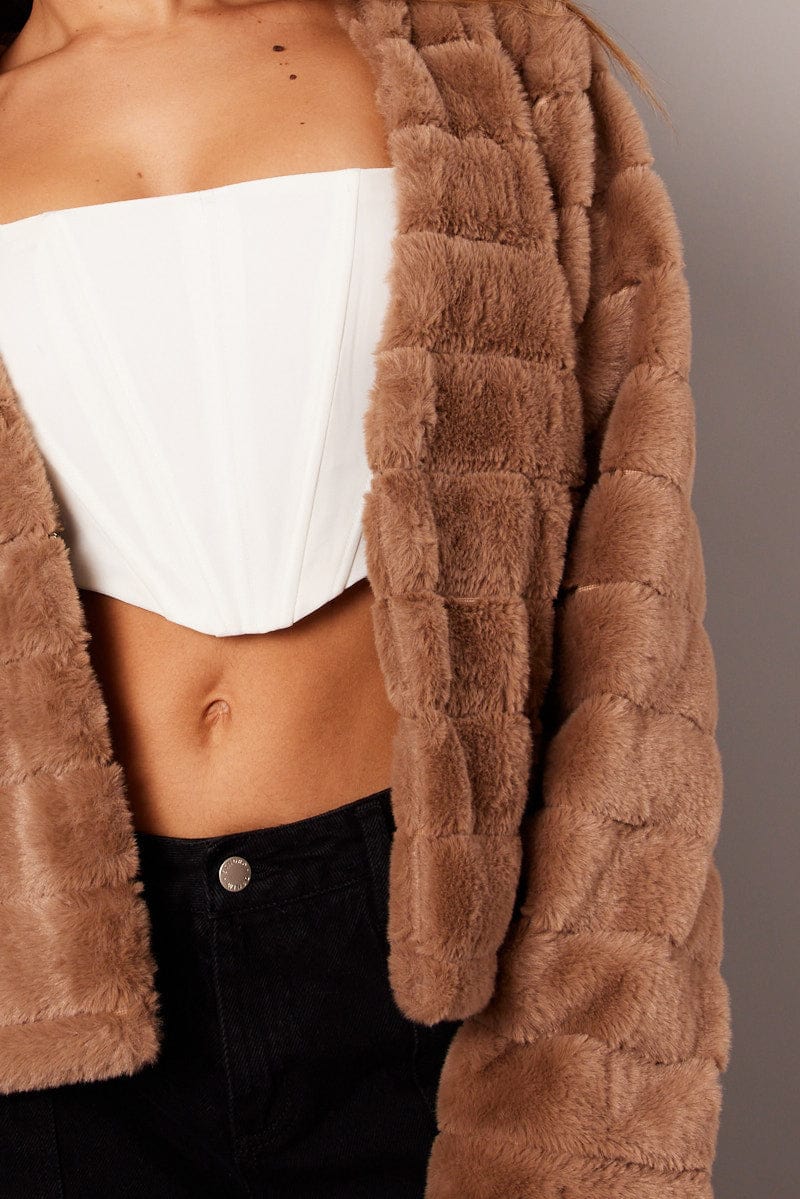 Beige Faux Fur Crop Jacket for Ally Fashion