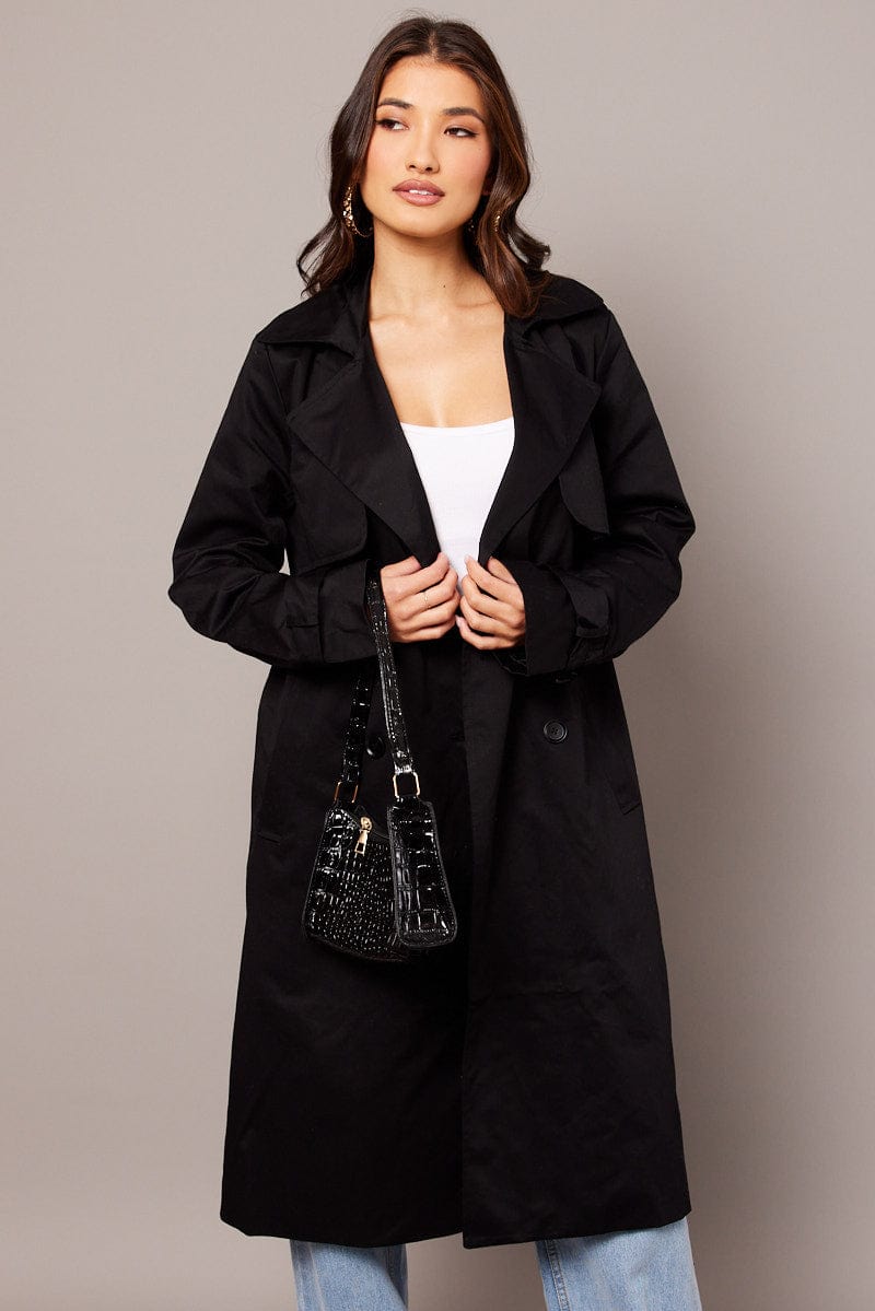 Black Trench Coat Long Sleeves Cotton for Ally Fashion