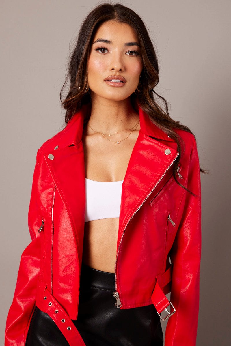 Red Faux Leather Biker Jacket Long Sleeves for Ally Fashion