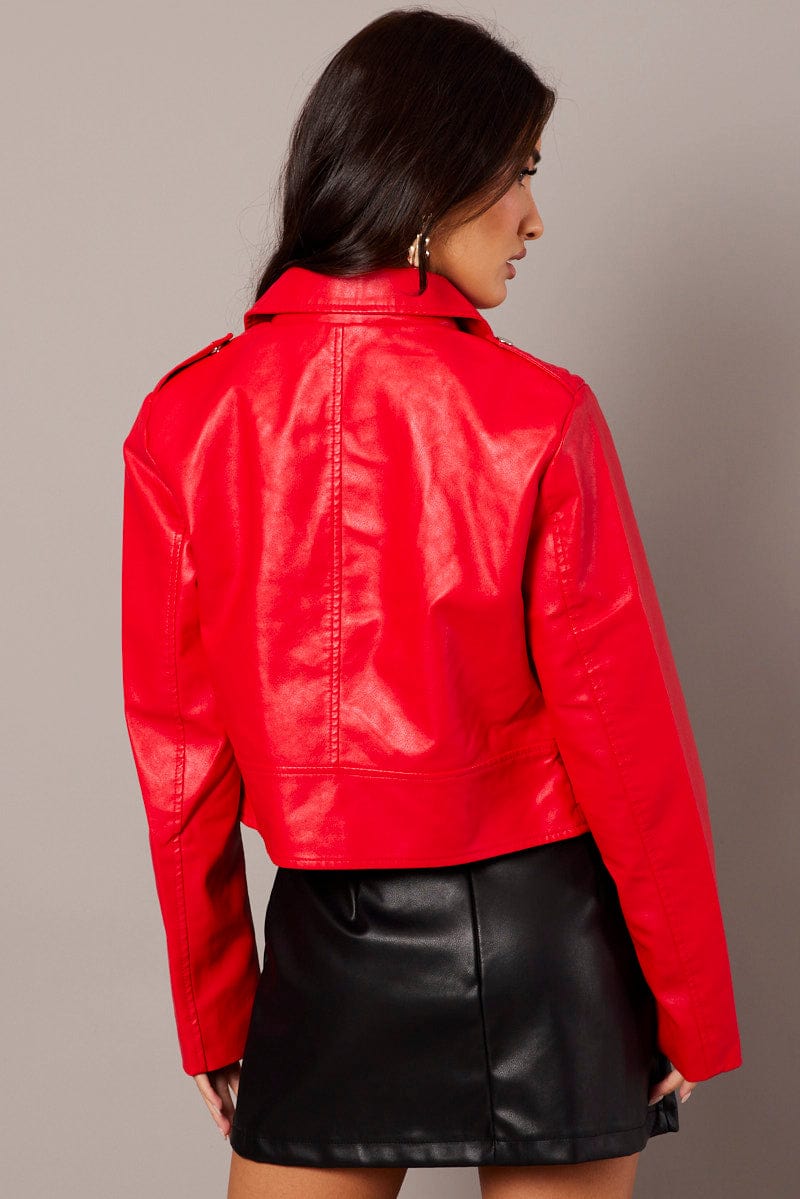 Red Faux Leather Biker Jacket Long Sleeves for Ally Fashion