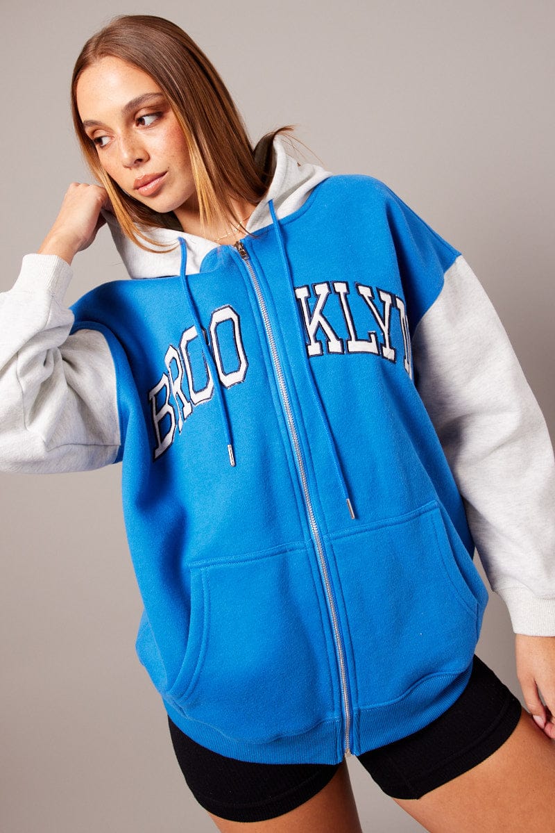 Blue Graphic Jacket Long Sleeve Hoodie for Ally Fashion