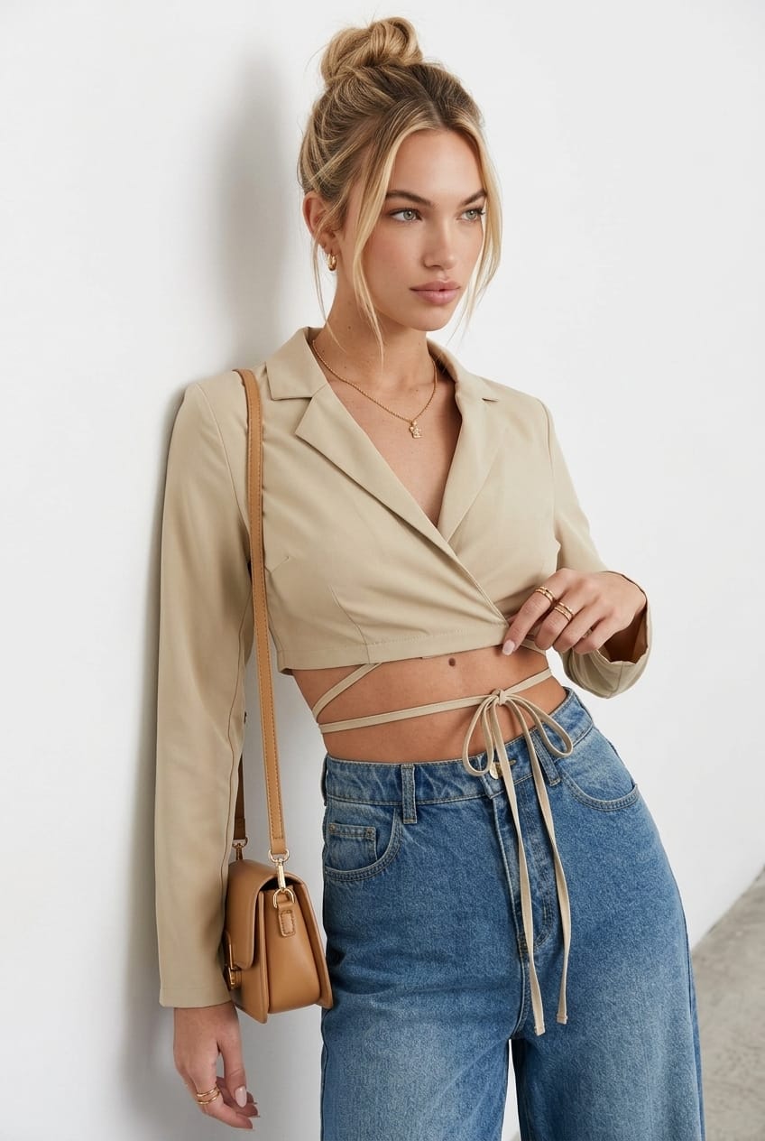 Beige Crop Jacket Long Sleeve