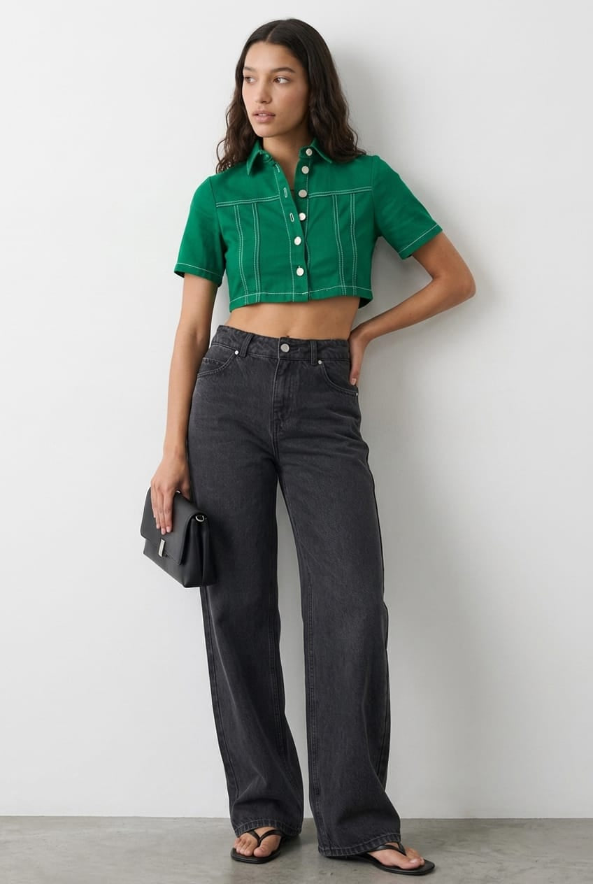 Green Contrast Stitch Button Up Top