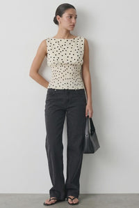 White Polka Dot High Neck Ruched Waist Blouse Sleeveless