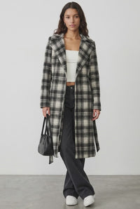 Black Check Belted Coat Knee Length Long Sleeve