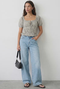 Blue Check Frill Ruched Blouse Short Sleeve
