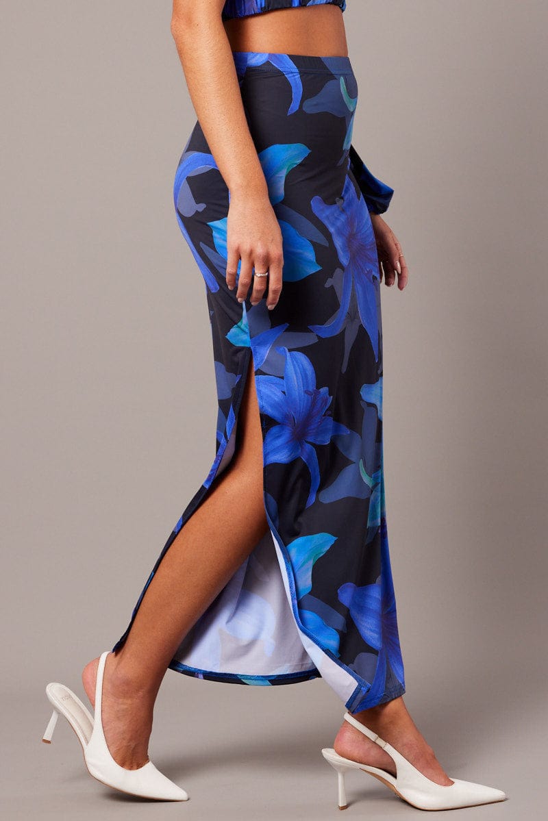 Blue Floral Maxi Skirt Tube Side Split Skirt for Ally Fashion