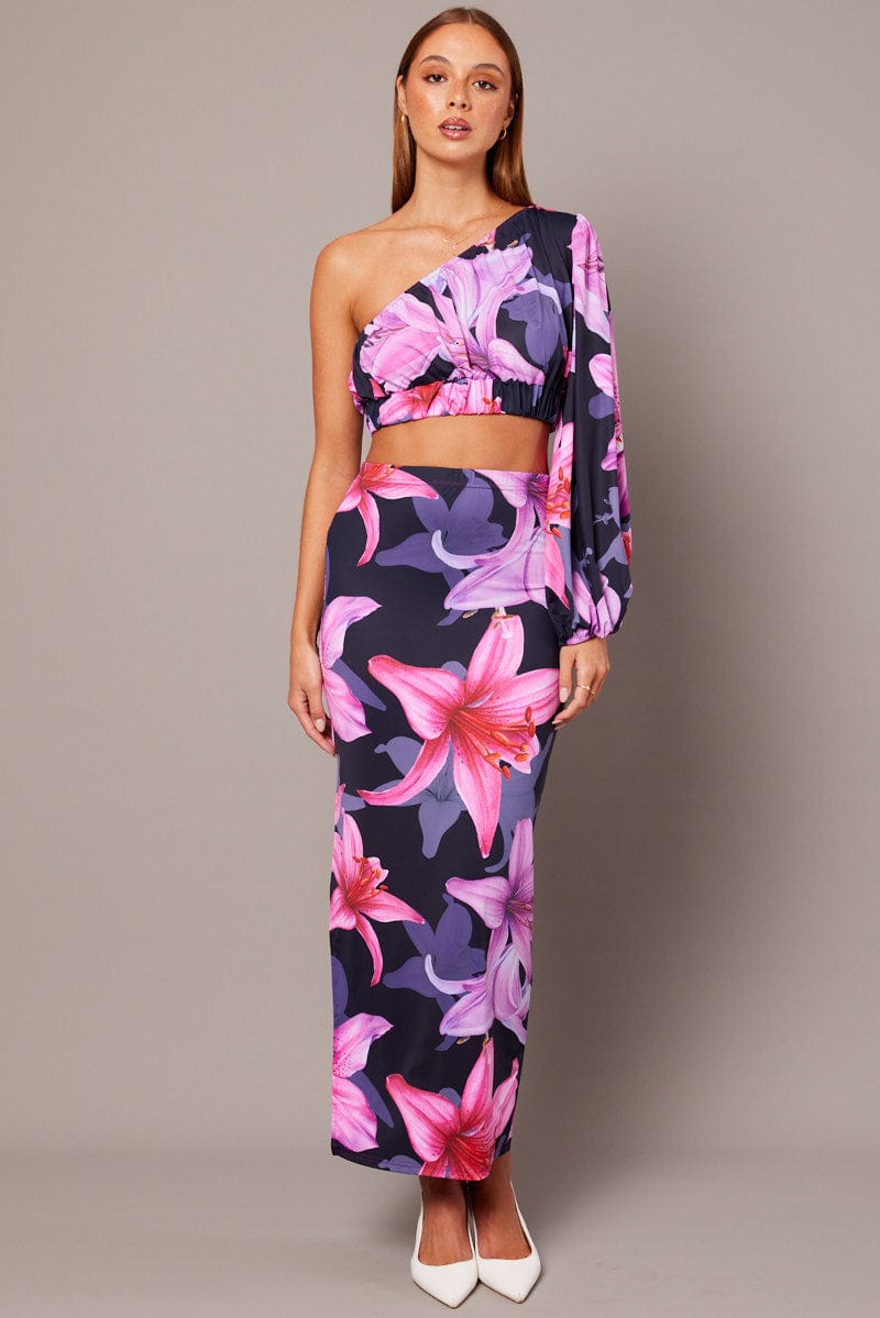 Pink Floral Maxi Skirt Tube Side Split Skirt for Ally Fashion