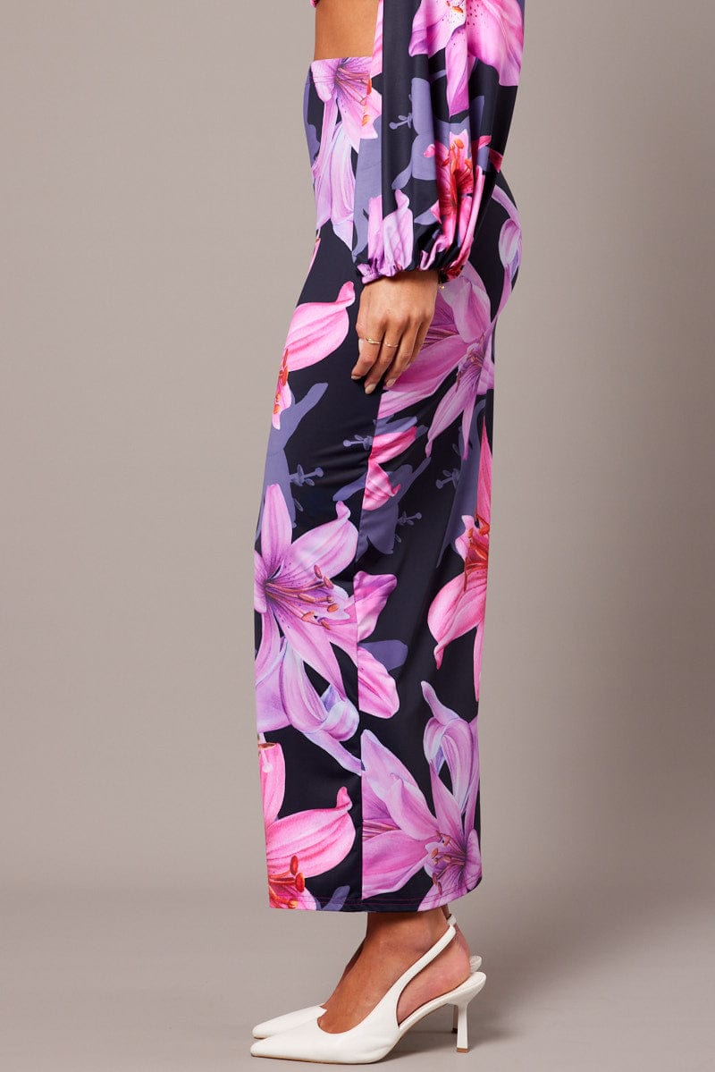 Pink Floral Maxi Skirt Tube Side Split Skirt for Ally Fashion