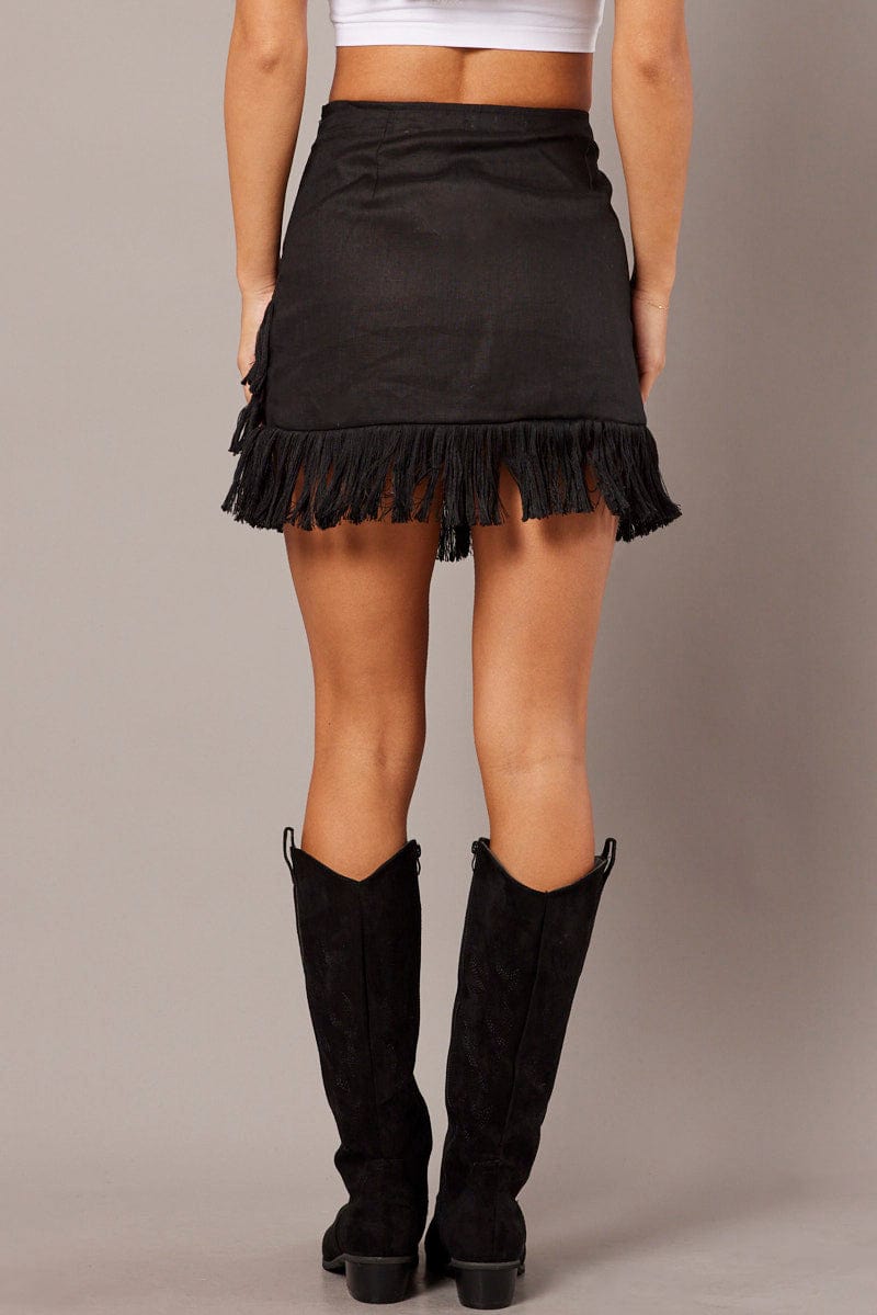Black Tassle Skirt Tiered Fringing Mini Skirt for Ally Fashion
