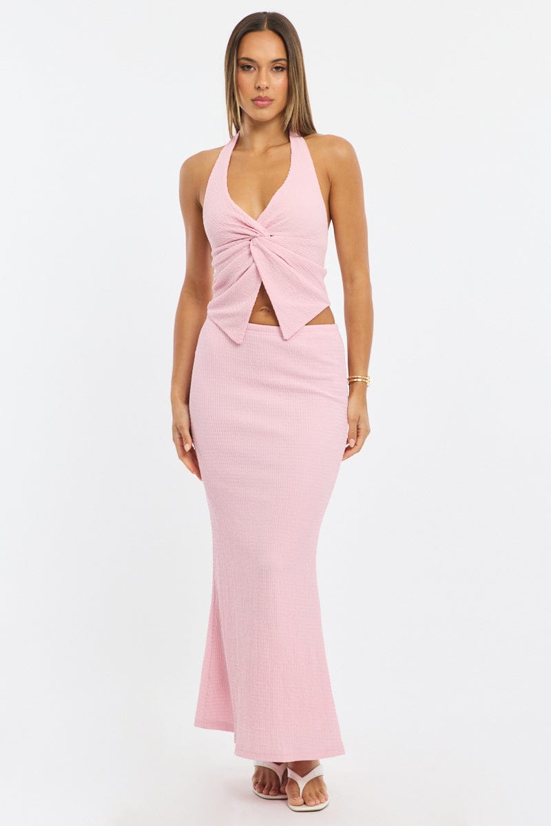Pink Maxi Skirt Elasticated Waist Textured Half Lined for Ally Fashion