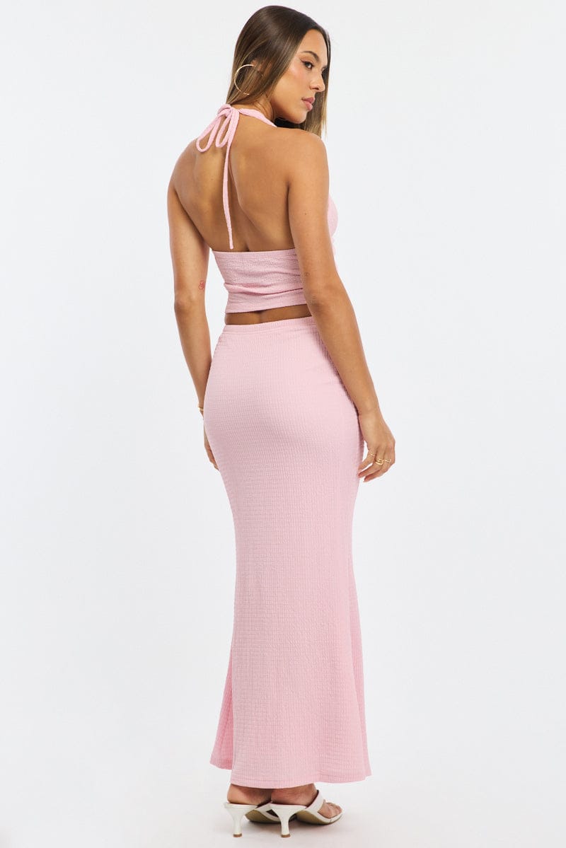 Pink Maxi Skirt Elasticated Waist Textured Half Lined for Ally Fashion