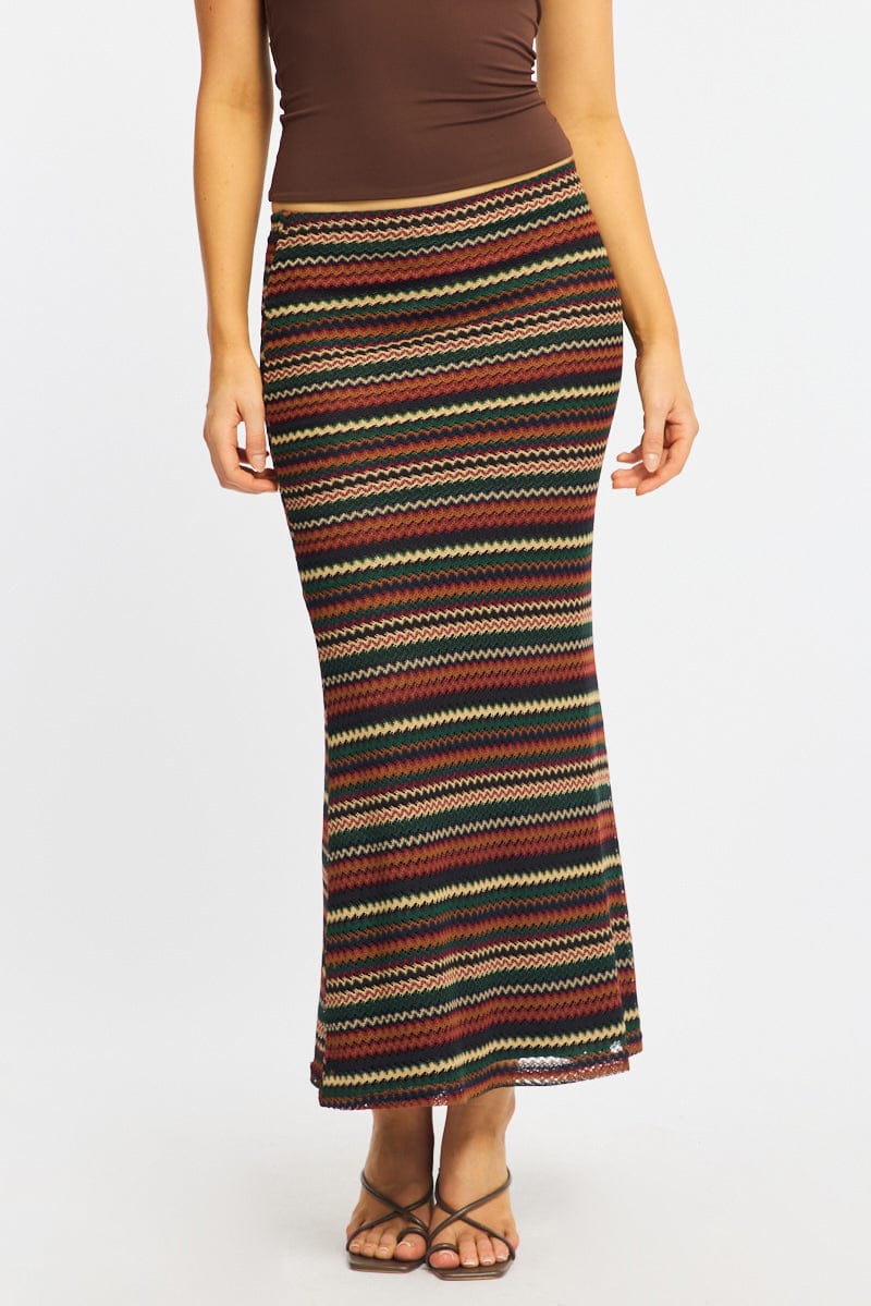 Multi Stripe Maxi Skirt Elasticated Waist Fit & Flare for Ally Fashion
