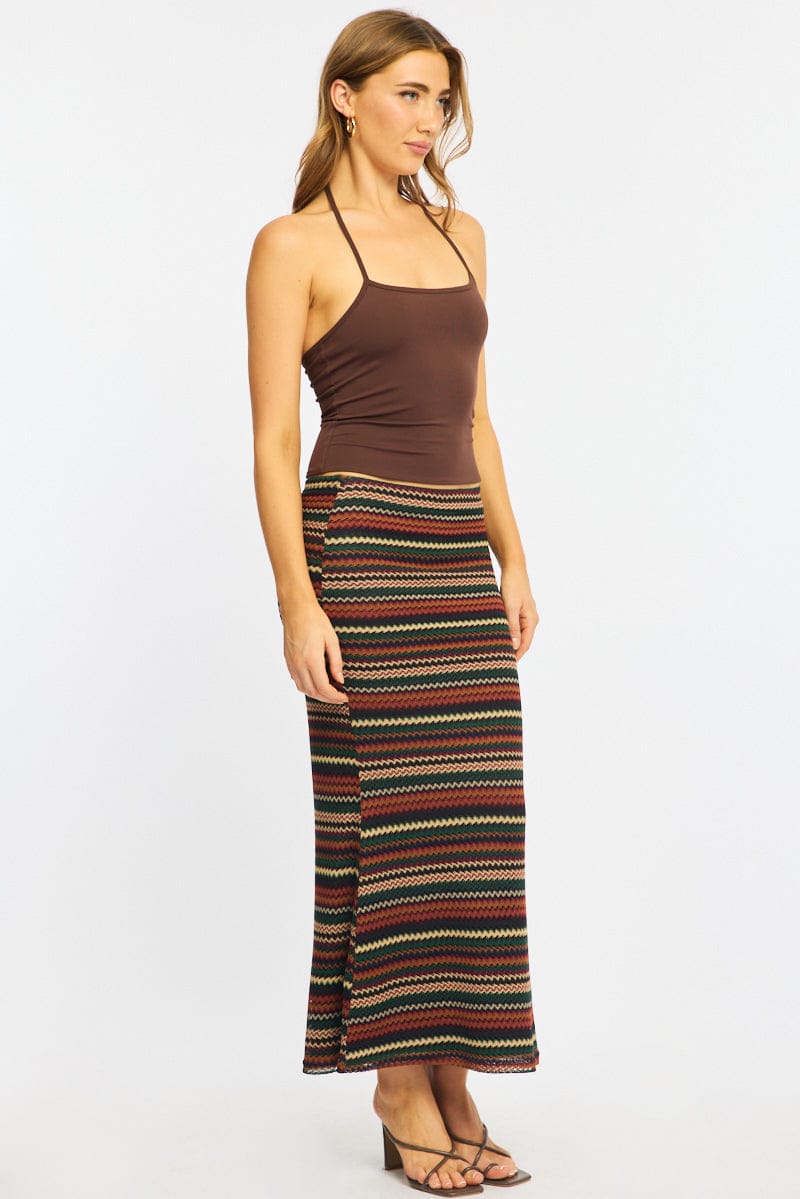 Multi Stripe Maxi Skirt Elasticated Waist Fit & Flare for Ally Fashion