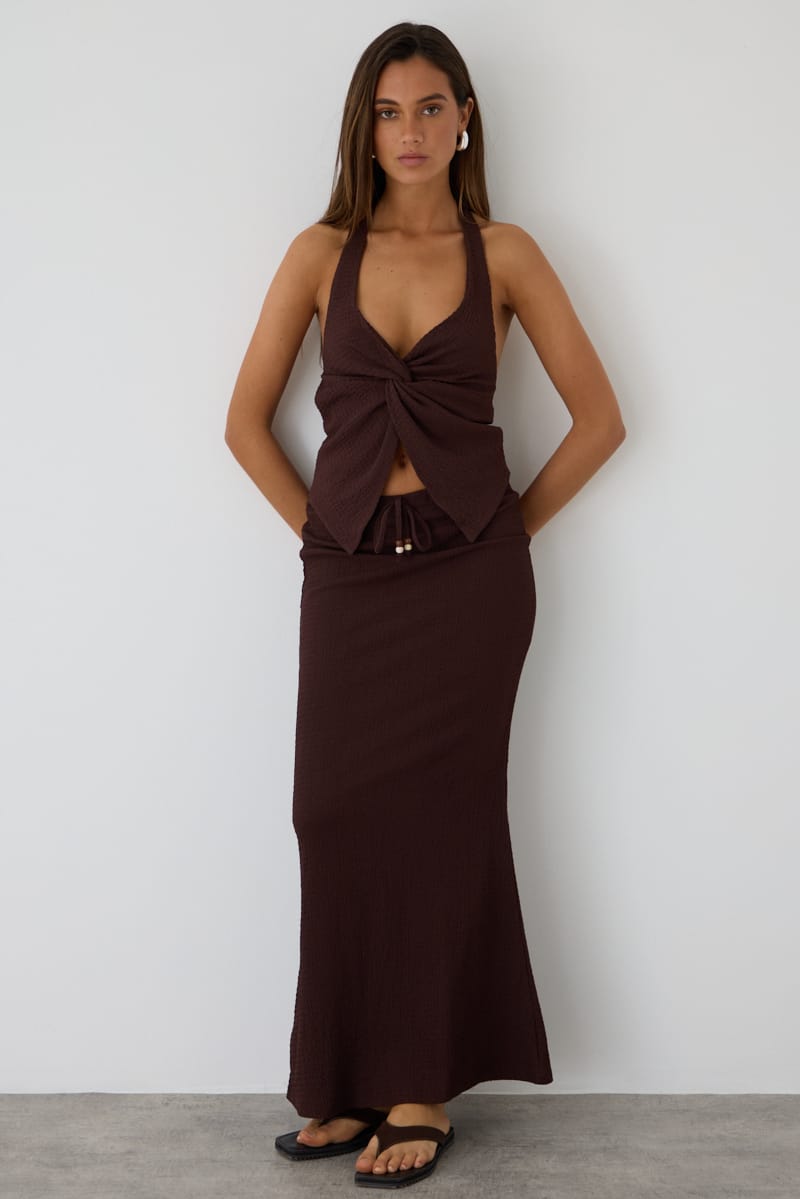 Brown Maxi Skirt Fit & Flare Textured Beaded Detail for Ally Fashion