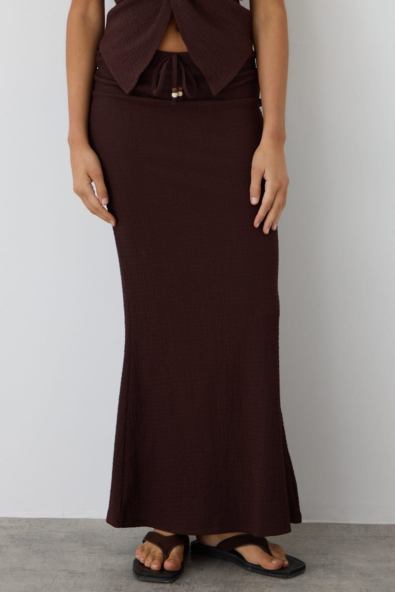 Brown Maxi Skirt Fit & Flare Textured Beaded Detail for Ally Fashion