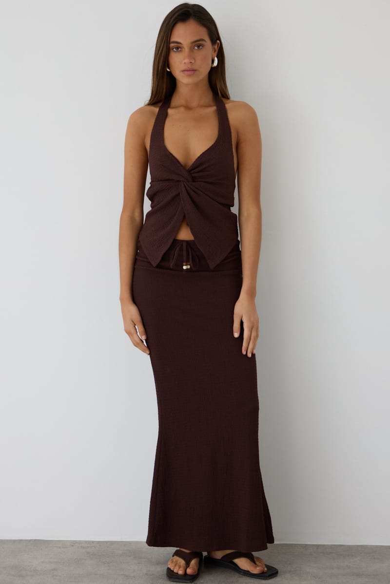 Brown Maxi Skirt Fit & Flare Textured Beaded Detail for Ally Fashion
