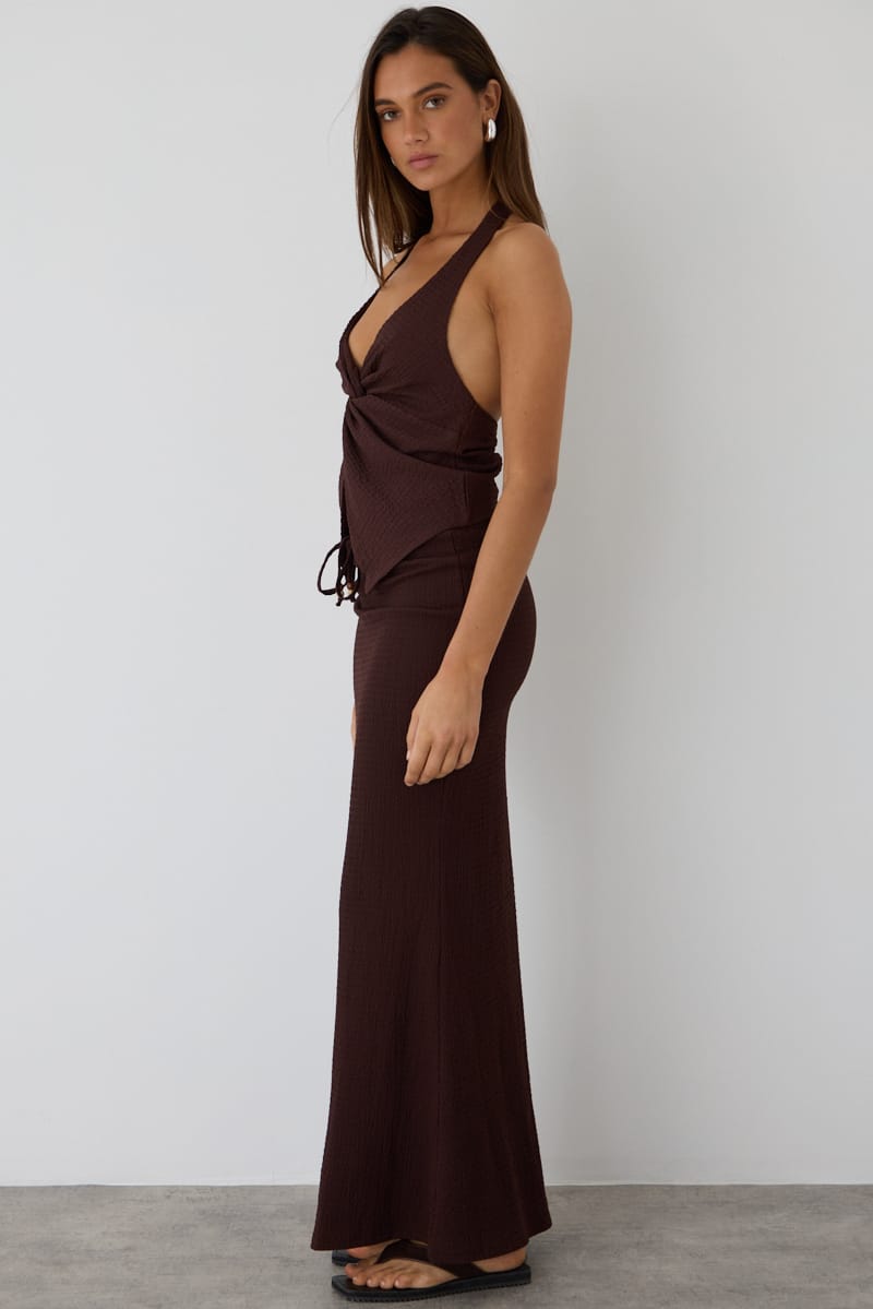 Brown Maxi Skirt Fit & Flare Textured Beaded Detail for Ally Fashion