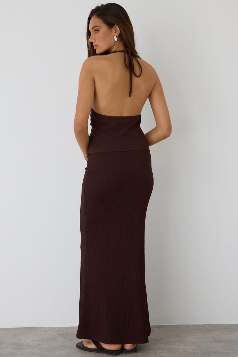 Brown Maxi Skirt Fit & Flare Textured Beaded Detail for Ally Fashion