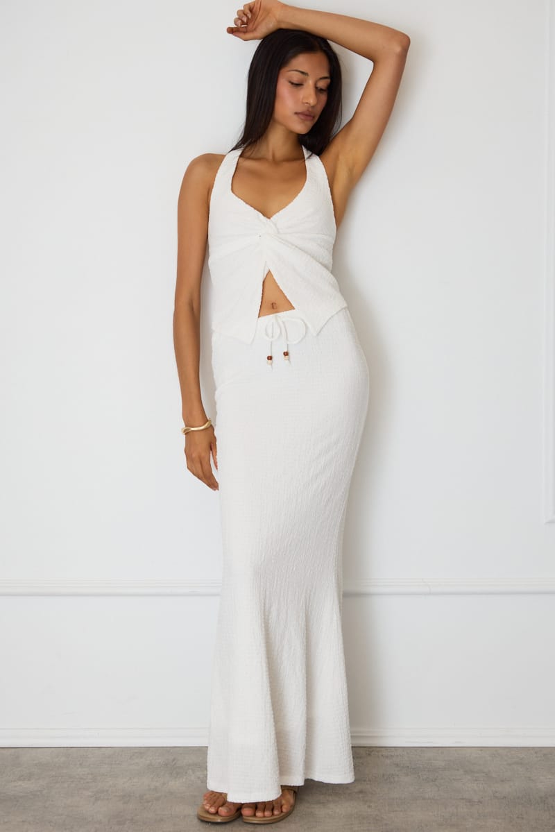White Maxi Skirt Fit & Flare Textured Beaded Detail for Ally Fashion
