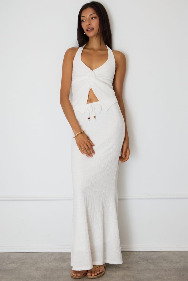 White Maxi Skirt Fit & Flare Textured Beaded Detail for Ally Fashion