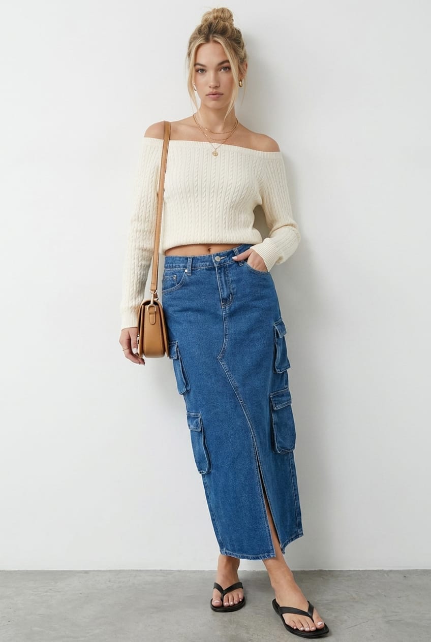 Denim Cargo Skirt Mid Rise Maxi Utility Pocket Details