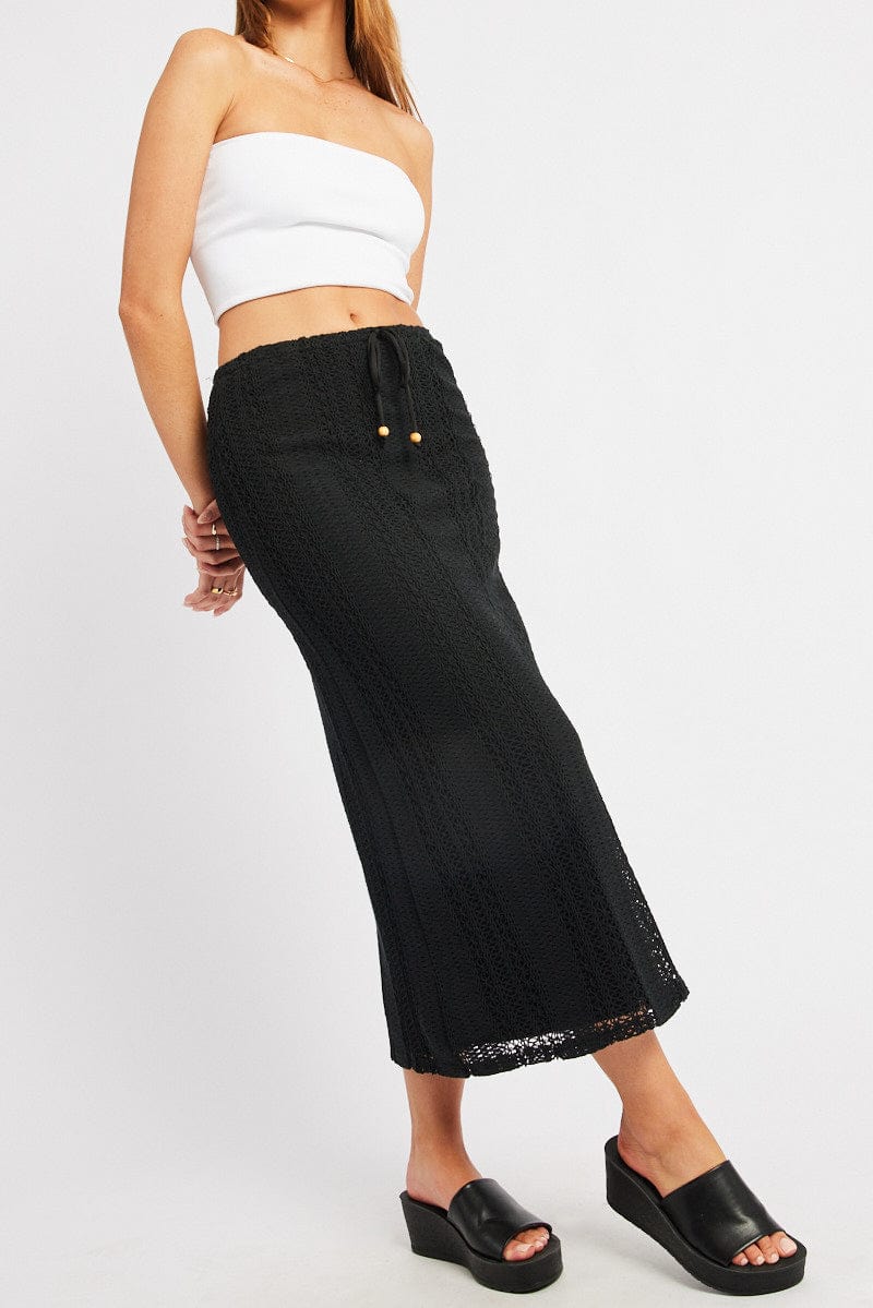 Black Crochet Maxi Skirt High Rise Relaxed Lined for Ally Fashion