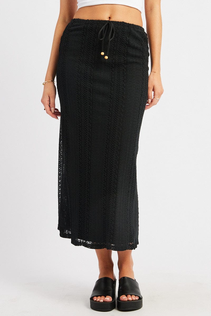 Black Crochet Maxi Skirt High Rise Relaxed Lined for Ally Fashion