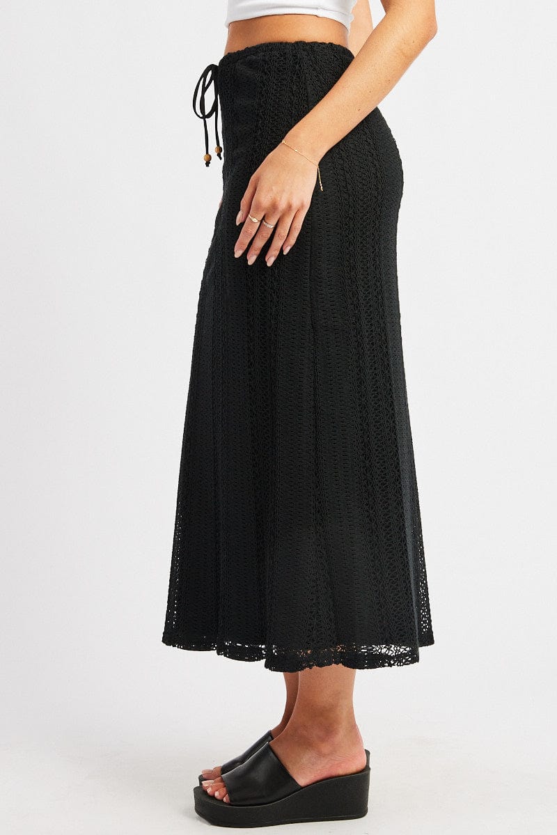 Black Crochet Maxi Skirt High Rise Relaxed Lined for Ally Fashion