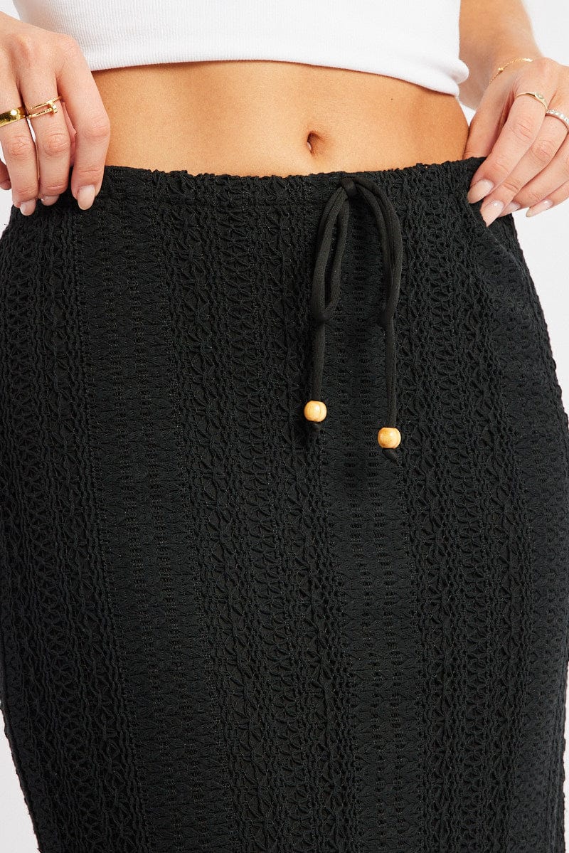 Black Crochet Maxi Skirt High Rise Relaxed Lined for Ally Fashion