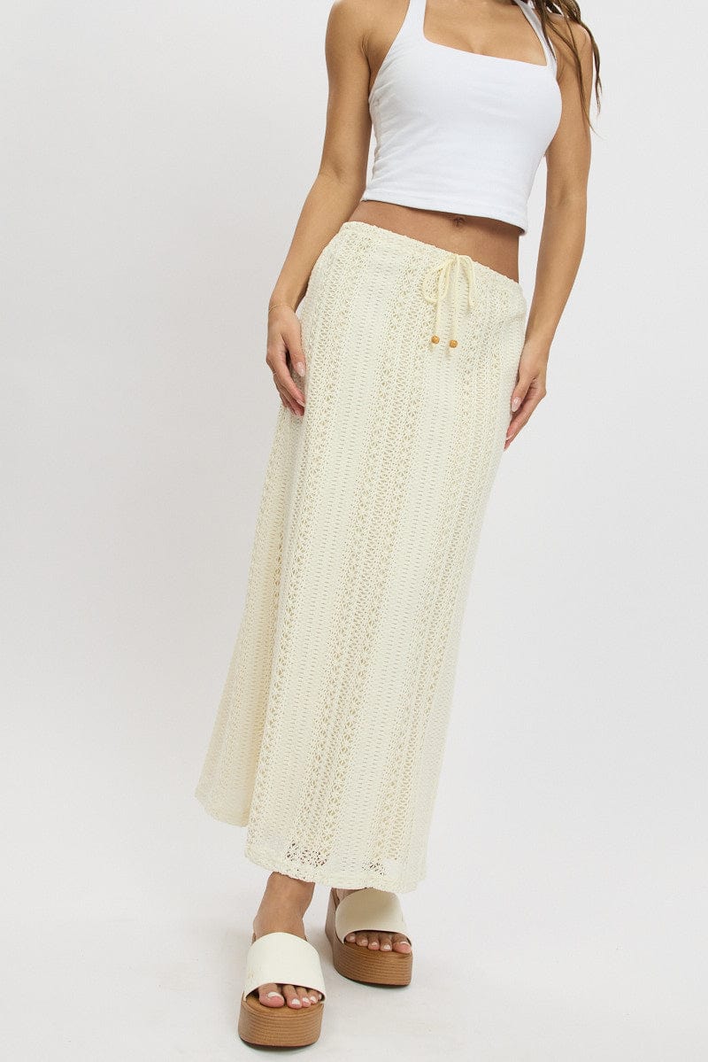 White Crochet Maxi Skirt High Rise Relaxed Lined for Ally Fashion