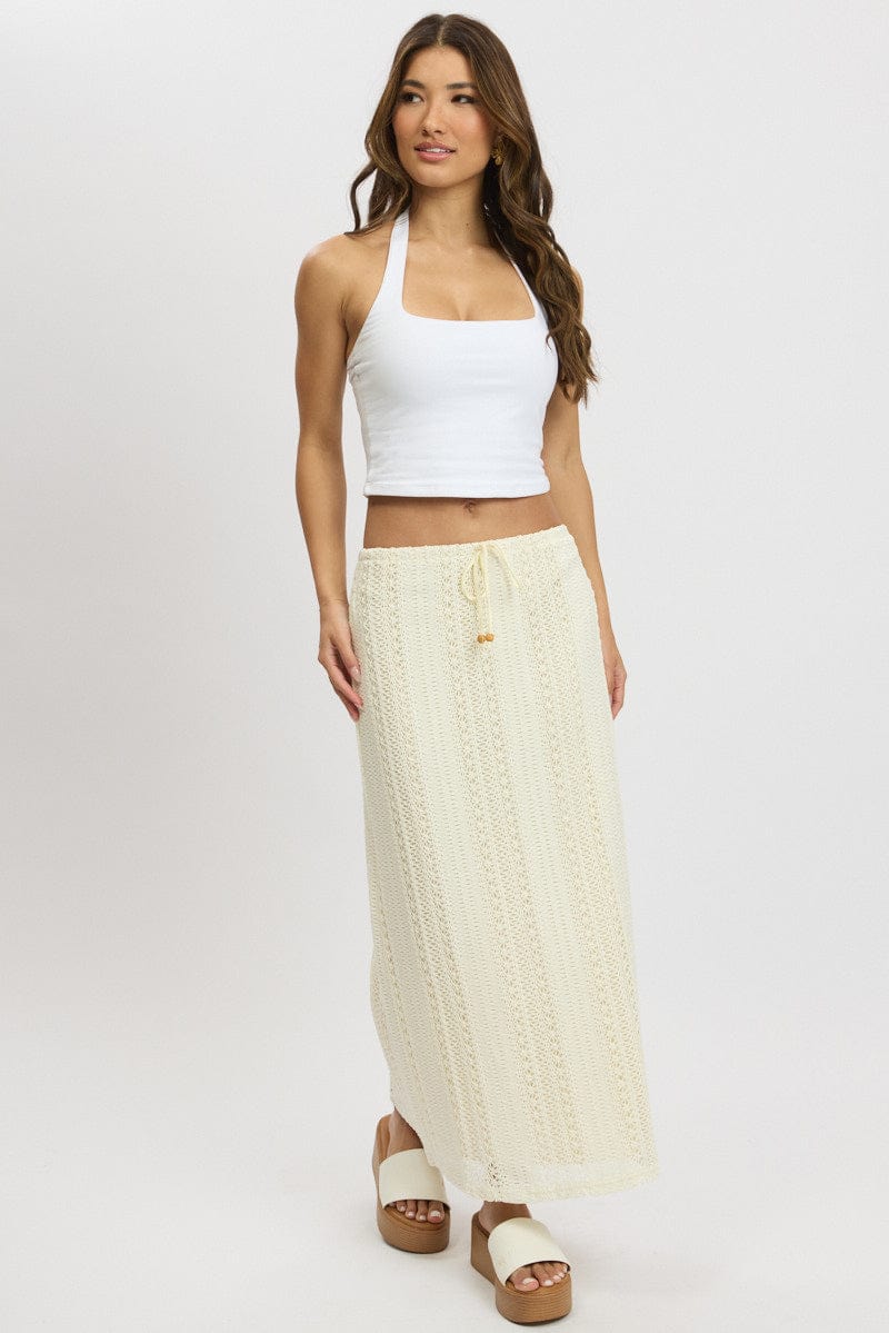 White Crochet Maxi Skirt High Rise Relaxed Lined for Ally Fashion