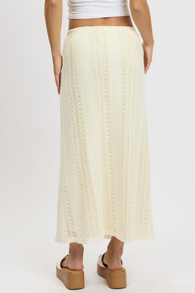 White Crochet Maxi Skirt High Rise Relaxed Lined for Ally Fashion