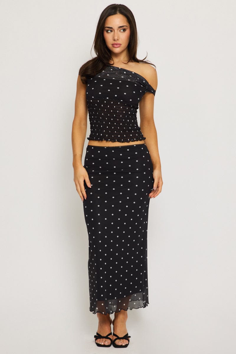 Black Polka Dot Mesh Skirt Elasticated Picot Trim Midaxi for Ally Fashion