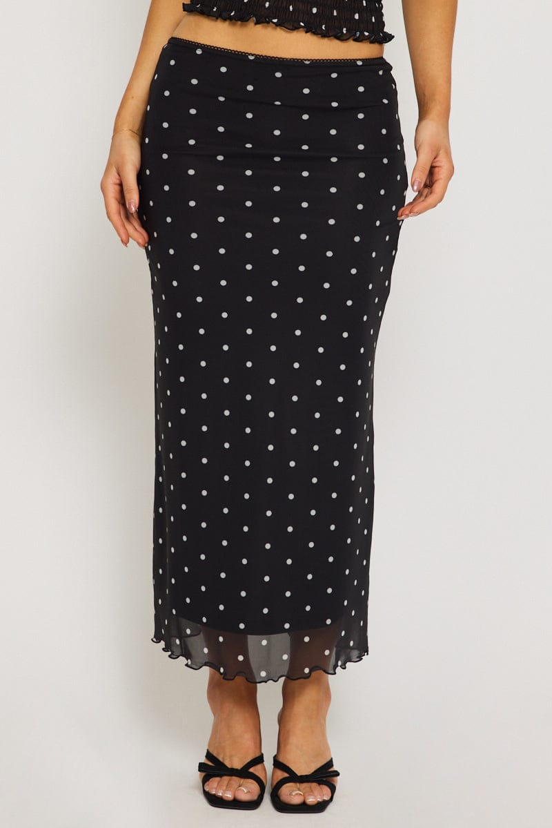 Black Polka Dot Mesh Skirt Elasticated Picot Trim Midaxi | Ally Fashion